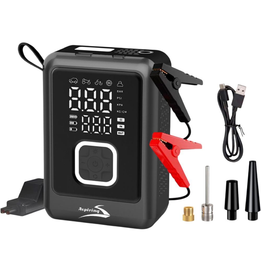 Пуско-зарядное устройство ASPIRING Jump 4 Power bank 3-in-1 with inflator (VTR-P4) Дополнительно Powerbank; Фонарик; Дисплей; Манометр; Стробоскоп; Время автономной работы: 15 минут; Время зарядки: 4 часа; 4 режима работы; Напряжение на входе: 5V/2A; Максимальный объем двигателя: 5 л бензин или 3.0 л дизель