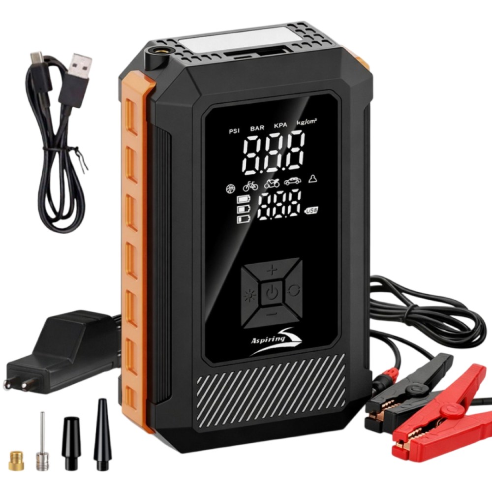Пуско-зарядний пристрій ASPIRING Jump 5 Power bank 3-in-1 with inflator (VTR-P5) Додатково Powerbank; Ліхтарик; Дисплей; Манометр; Стробоскоп; Час автономної роботи: 15 хвилин; Час заряджання: 6 годин; 4 режими роботи; Напруга на вході: 5V/2A; Максимальний об'єм двигуна: 5 л бензин або дизель 3.0 л.