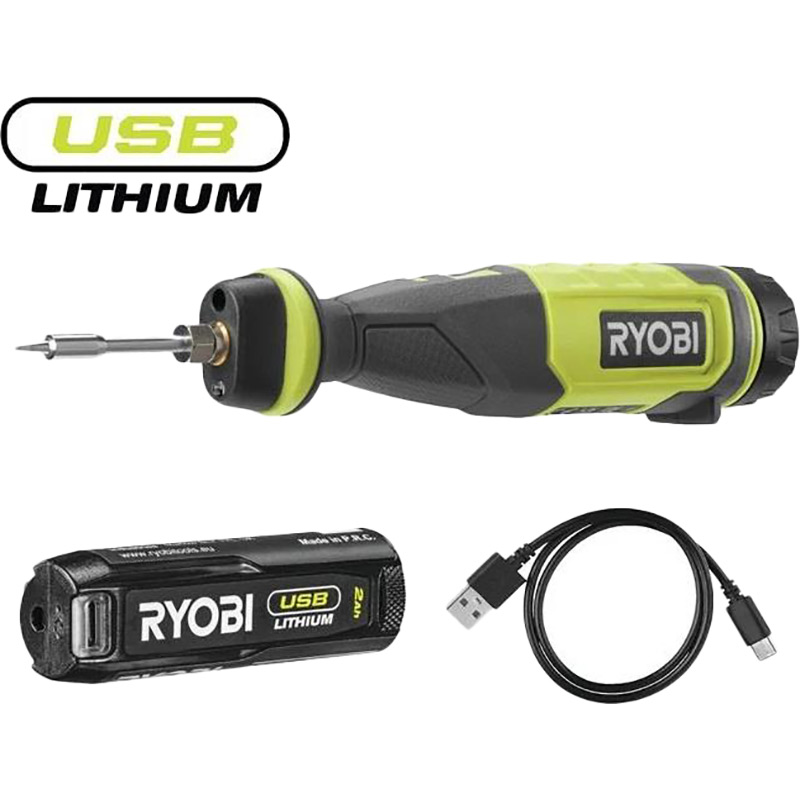 Паяльник аккумуляторный RYOBI RSI4-120G (5133006146) Дополнительно Комплектация: Паяльник; Паяльное жало; Паяльная проволока; Колпачок жала; Зарядный кабель USB-C; Аккумулятор