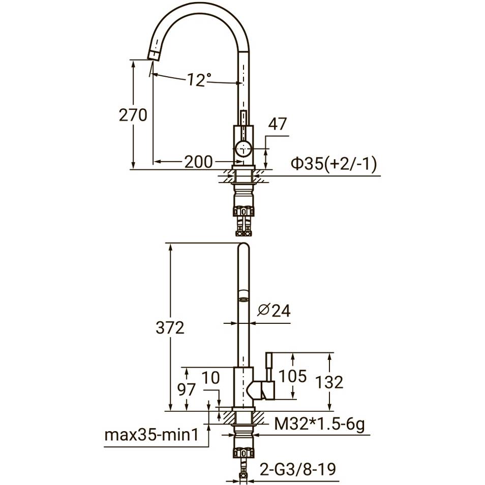 Смеситель AQUATICA s22 d35 на гайке SS (9722101) Способ монтажа врезной