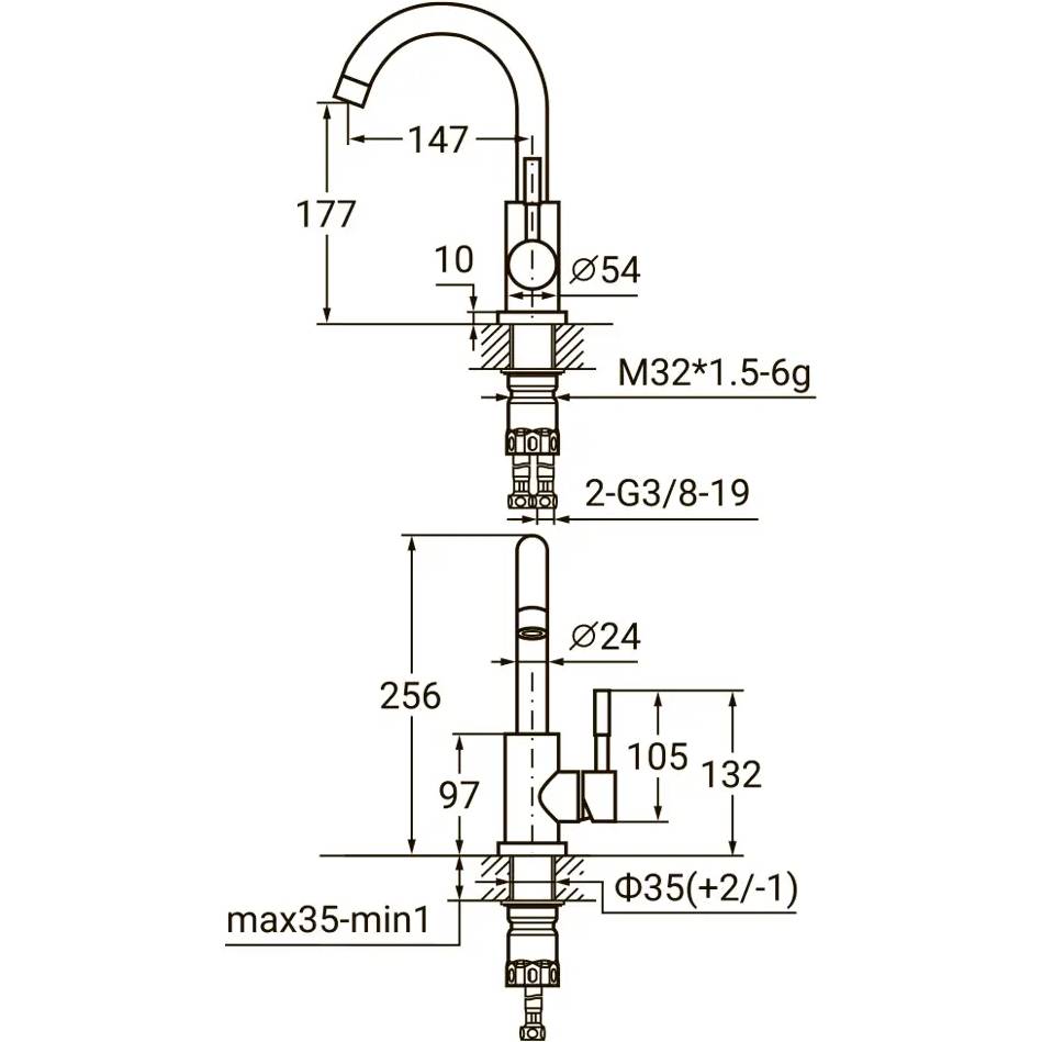 Смеситель AQUATICA s22 d35 на гайке SS (9722011) Способ монтажа врезной