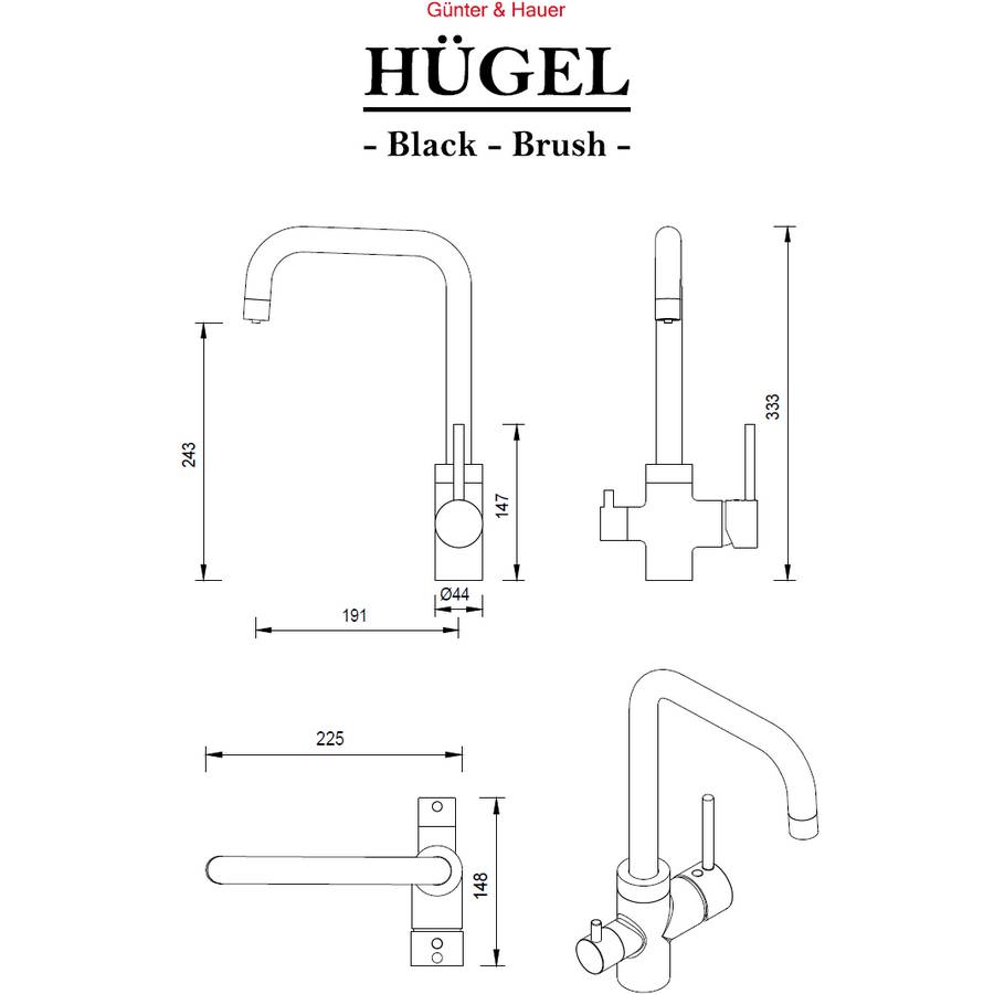 Змішувач GUNTER & HAUER HUGEL Black Довжина виливу 19.1