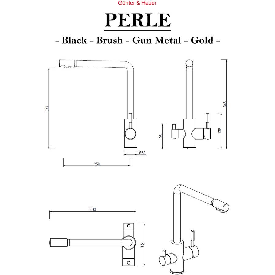 Смеситель GUNTER & HAUER PERLE Gun Metal Длина излива 25.9