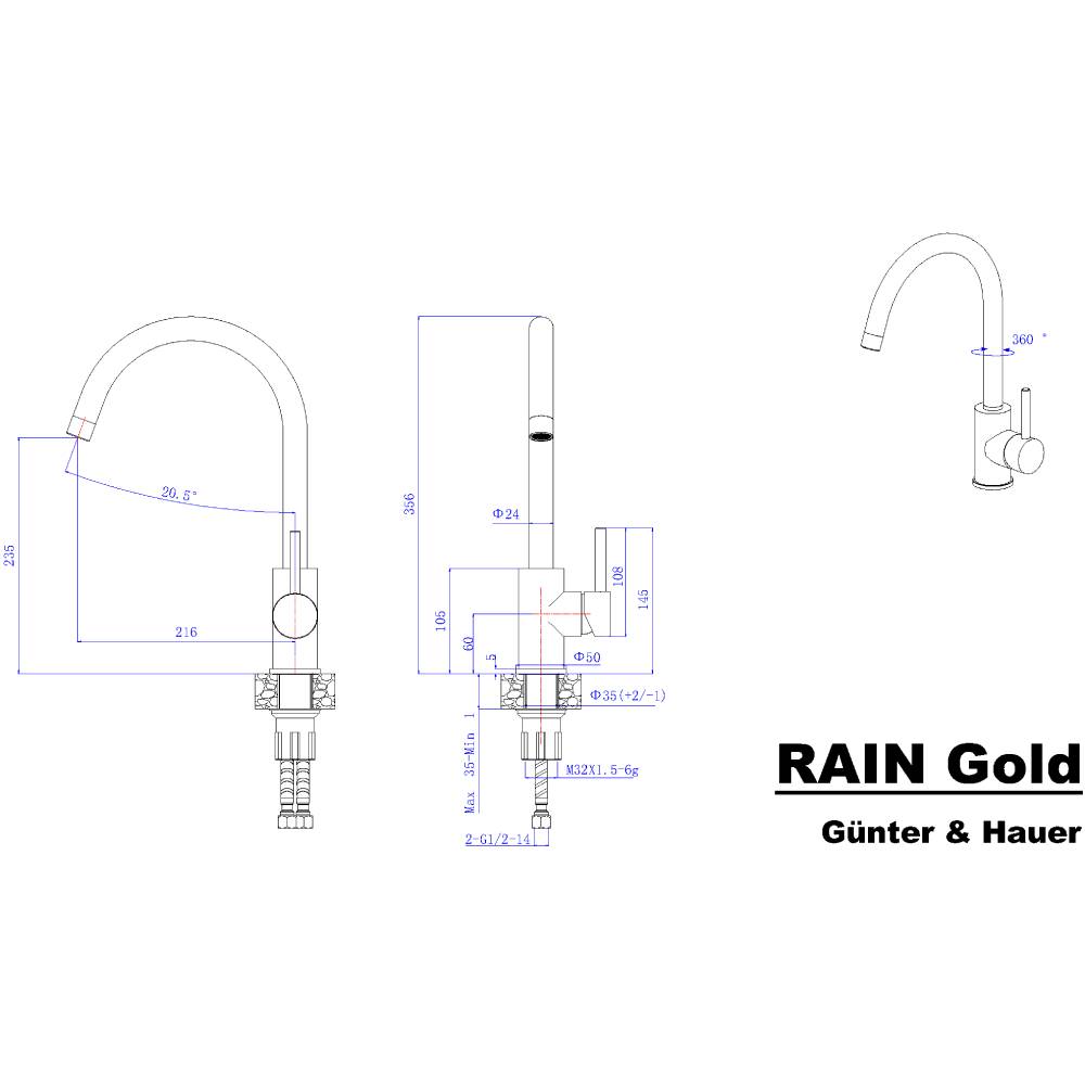 Змішувач GUNTER & HAUER RAIN GOLD Довжина виливу 21.6