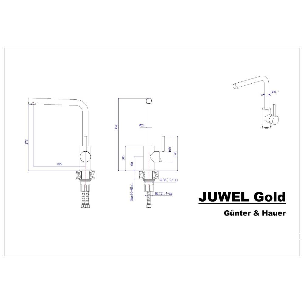 Змішувач GUNTER & HAUER JUWEL GOLD Довжина виливу 21.9