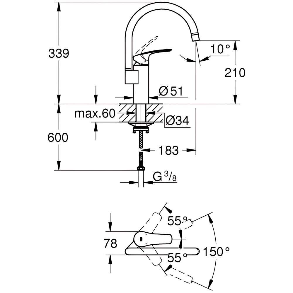 Смеситель GROHE Via Хром (33222000) Принцип смешивания однорычажный