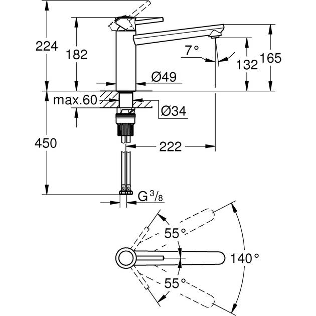 Смеситель GROHE BauClassic 22,2см хром (30576000) Принцип смешивания однорычажный