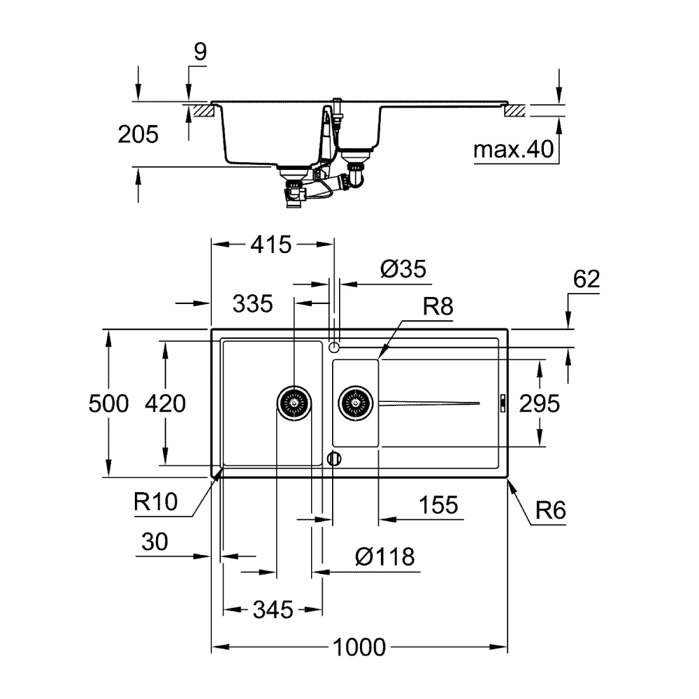 Мийка GROHE K400 з крилом (31642AT0) Матеріал Композиний граніт
