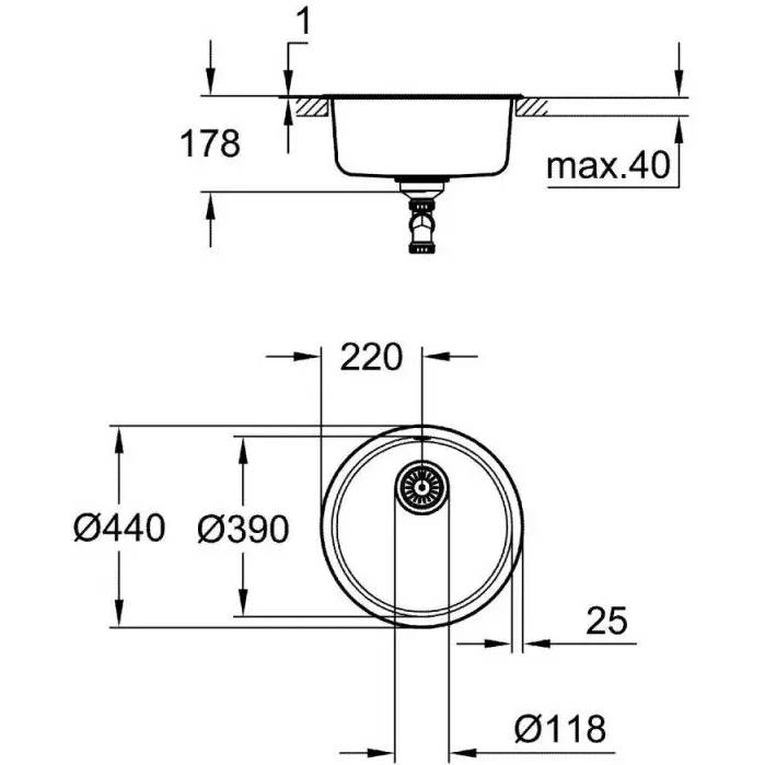 Мойка GROHE K200 440x440x178мм, нерж.сталь Способ монтажа врезной