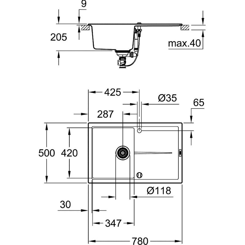 Мийка GROHE K400 780x500x205мм Чорний Граніт (31639AP0) Матеріал кварцовий композит