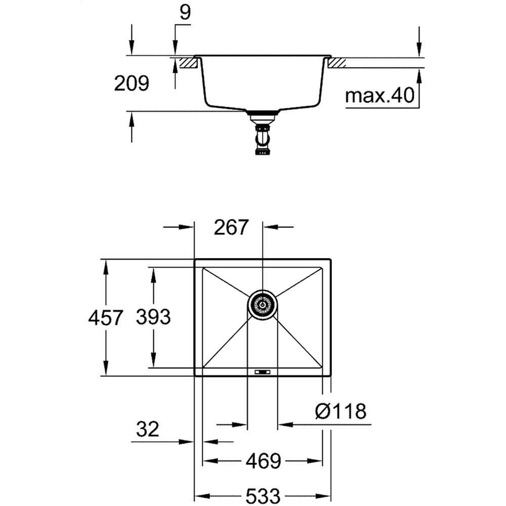 Мойка GROHE K700U 533x457x205мм Черный гранит (31654AP0) Способ монтажа накладной