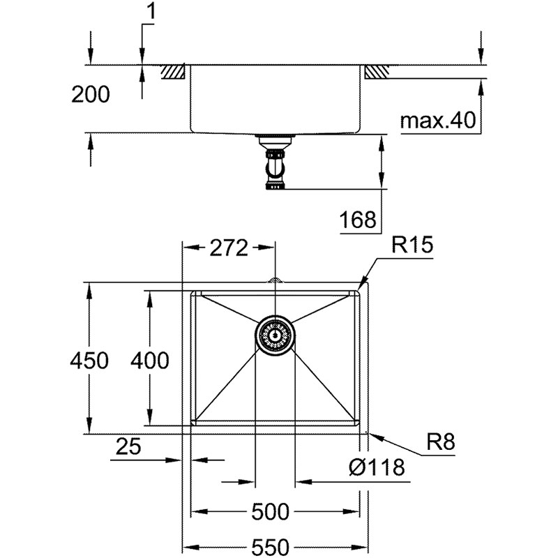 Мийка GROHE K700U 550x450x200мм Графіт темний (31574AL1) Фактура нержавіючої сталі матова