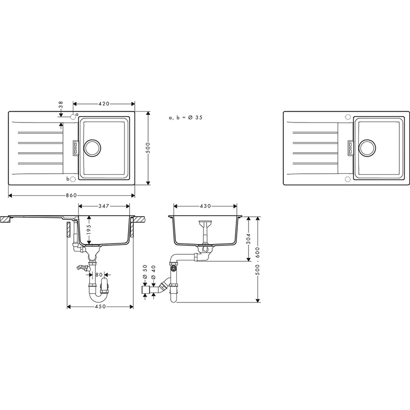 Мойка HANSGROHE S520-F345 + смеситель Zesis M33 Black Graphite (43356670) Способ монтажа врезной