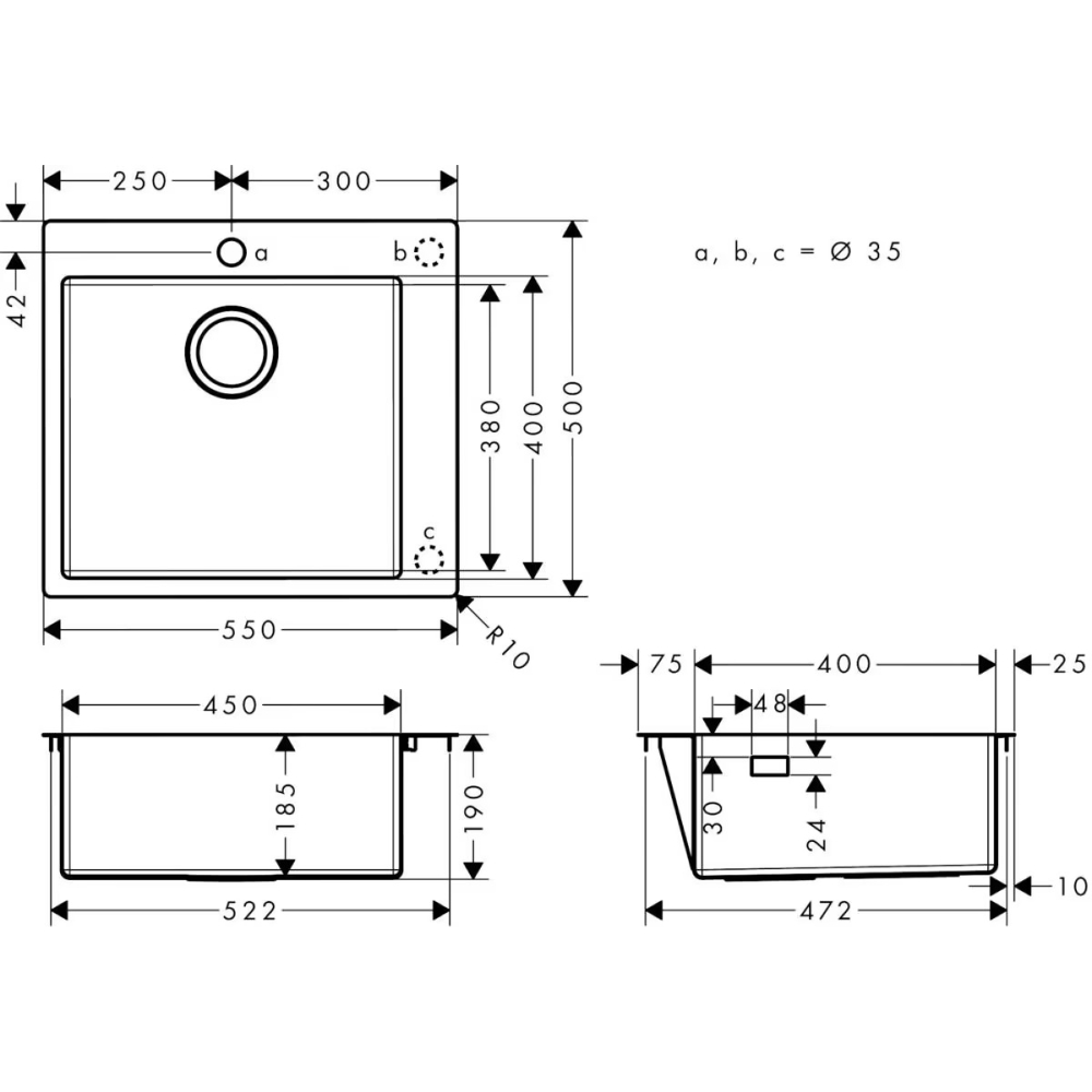 Мийка HANSGROHE Combi S71 500 x 550 x 190 мм (43301801) Фактура нержавіючої сталі полірована