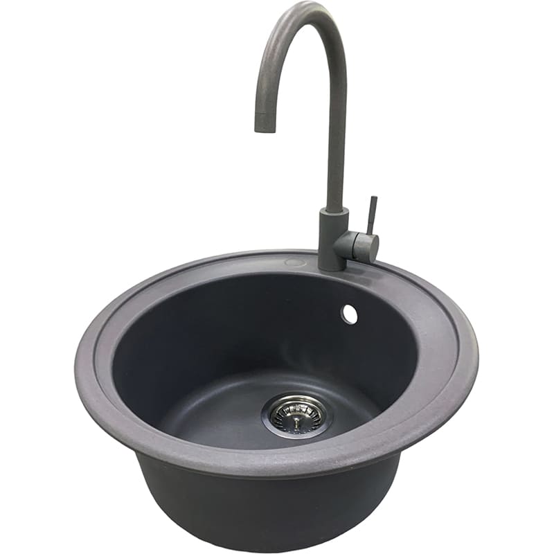 Мийка ADAMANT Sun Gray + змішувач (4824296910104) Додатково технологія Solid Surface; Термостійка, що витримує високу температуру до 280°С