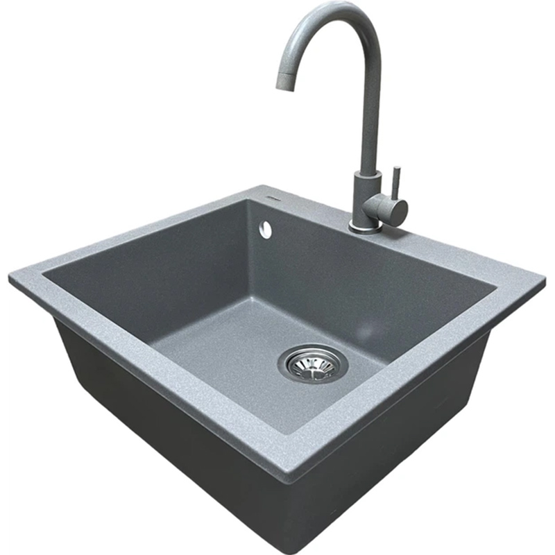 Мийка ADAMANT Univer Сірий + змішувач + дозатор (4824296902104) Додатково технологія Solid Surface; термостійка, що витримує високі температури до 280 ° С