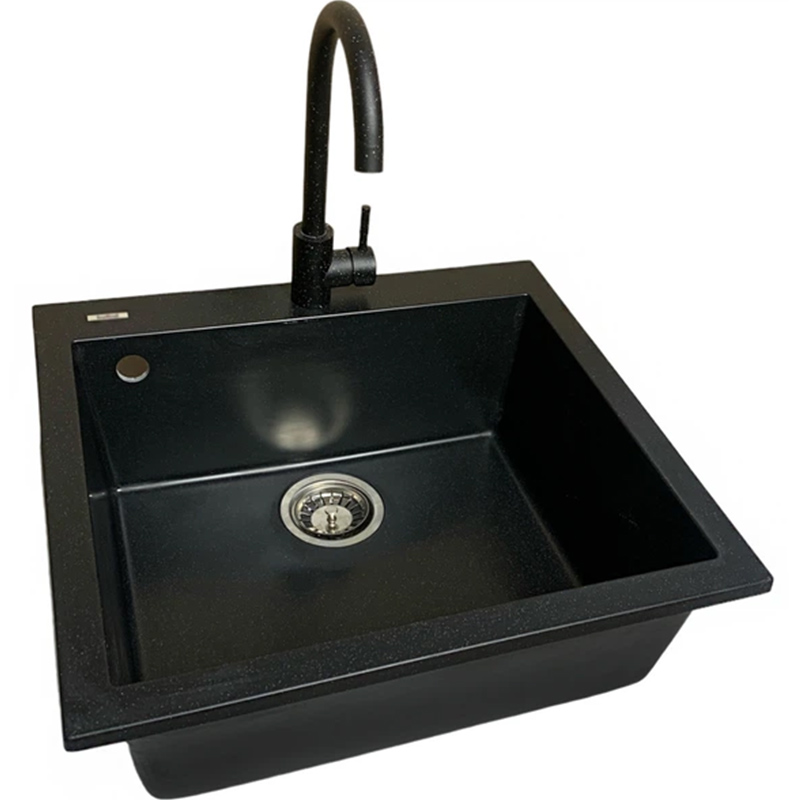 Мийка ADAMANT Univer Чорний + змішувач + дозатор + ополіскувач склянок + коландер (4824296106603) Додатково технологія Solid Surface; термостійка, що витримує високі температури до 280 ° С