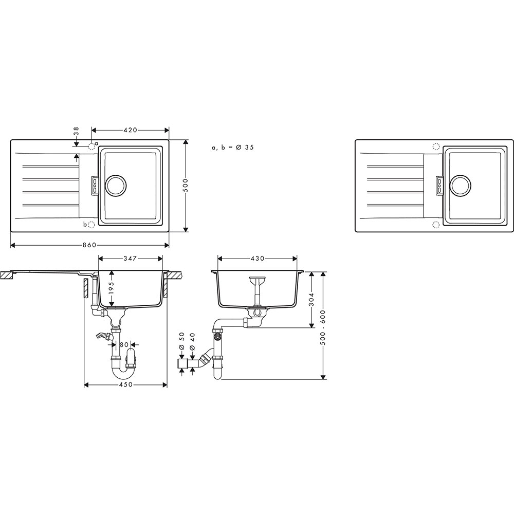 Мойка HANSGROHE S52 S520-F345 Black (43356170) Способ монтажа врезной