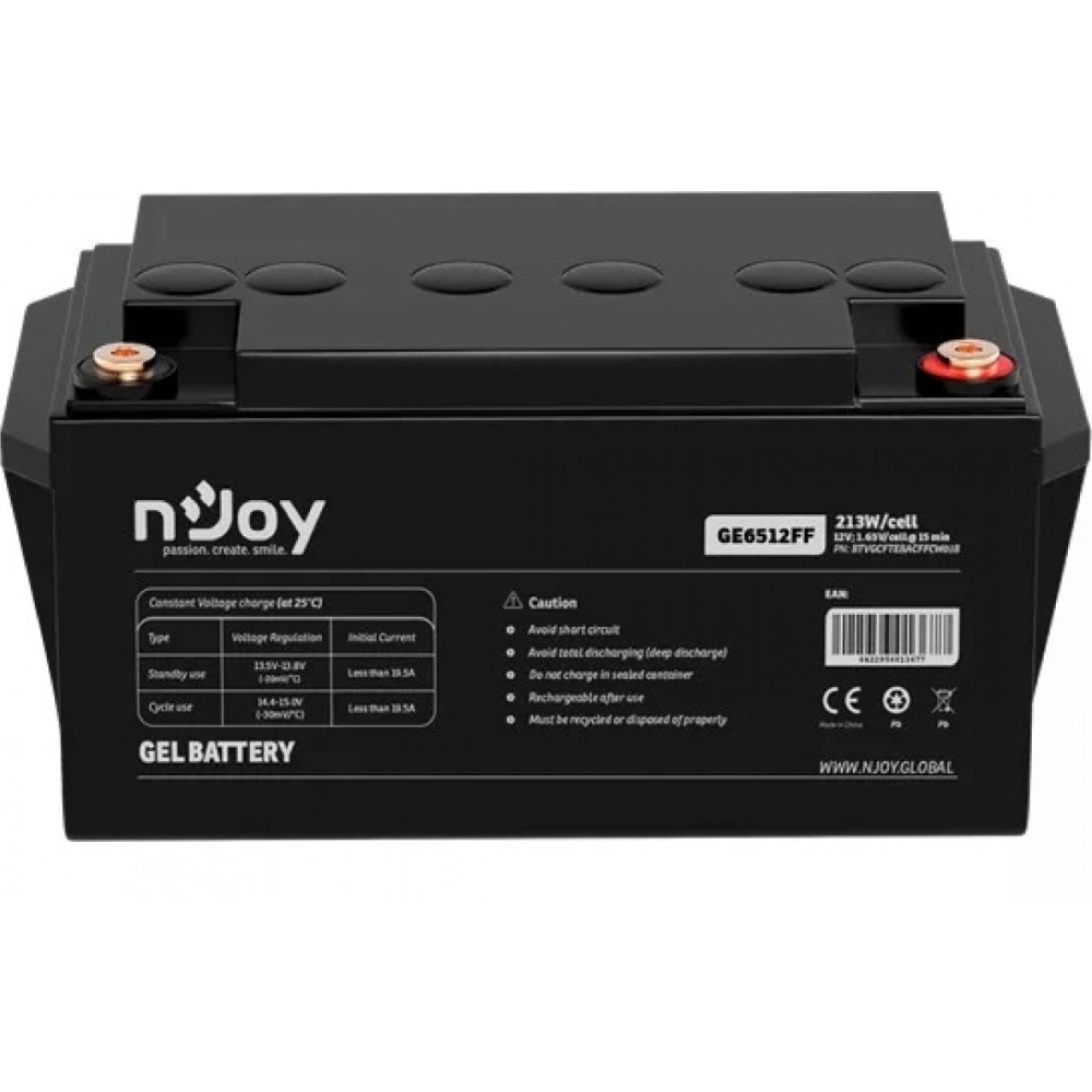 Акумулятор NJOY GE6512FF GEL 12V 65AH (BTVGCFTEBHBFFCN01B) Напряжение, В 12