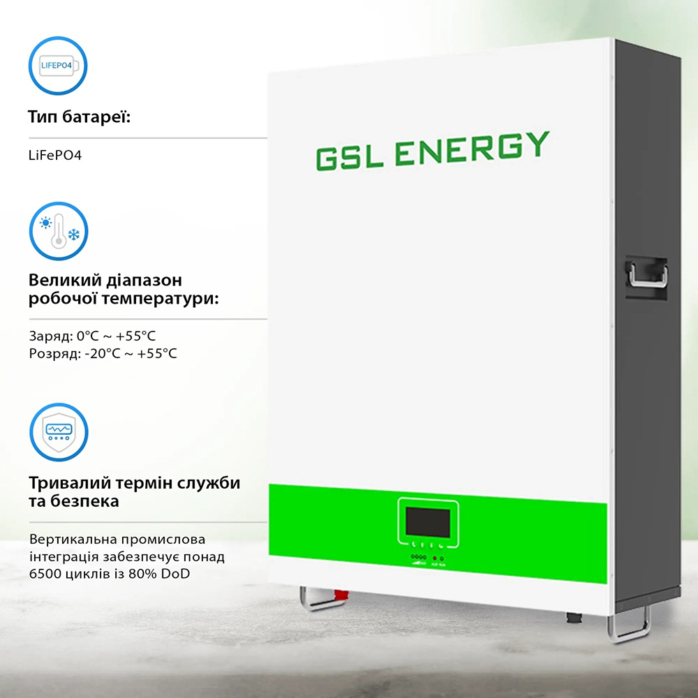 Акумулятор GSL 51.2v 100AH LiFePo4 5.12kwh (GSL051100AB-GBP2) Допустима температура довкілля, °С  -20°C - +60°C