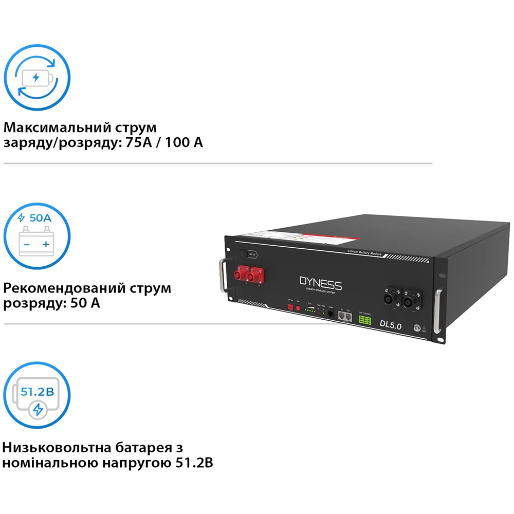 Акумулятор DYNESS 51.2v 100ah, 5.12kwh LiFePo4 (DL5.0C) Напряжение, В 51