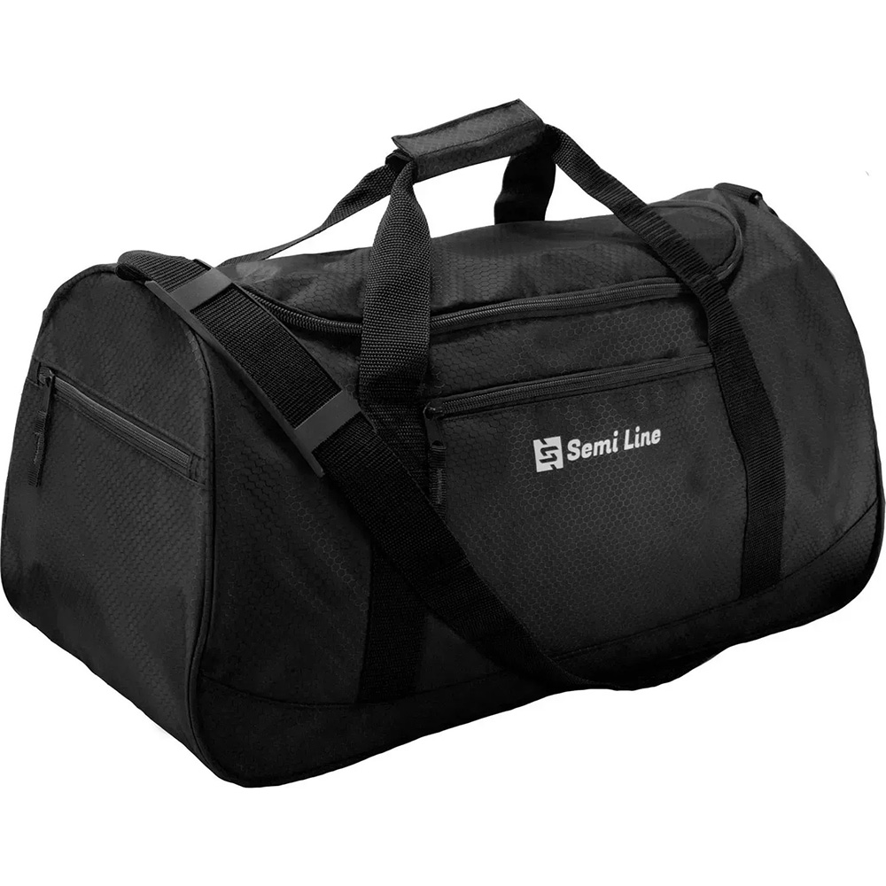 Дорожная сумка SEMI LINE 40 Black (A3043-2) Дополнительно влагостойкий, дополнительно укрепленный материал; три боковых вместительных кармана; широкие, прочные ручки соединены застежкой на липучке; плечевой ремень имеет длину 137 см, и длинную плавающую центральную вставку