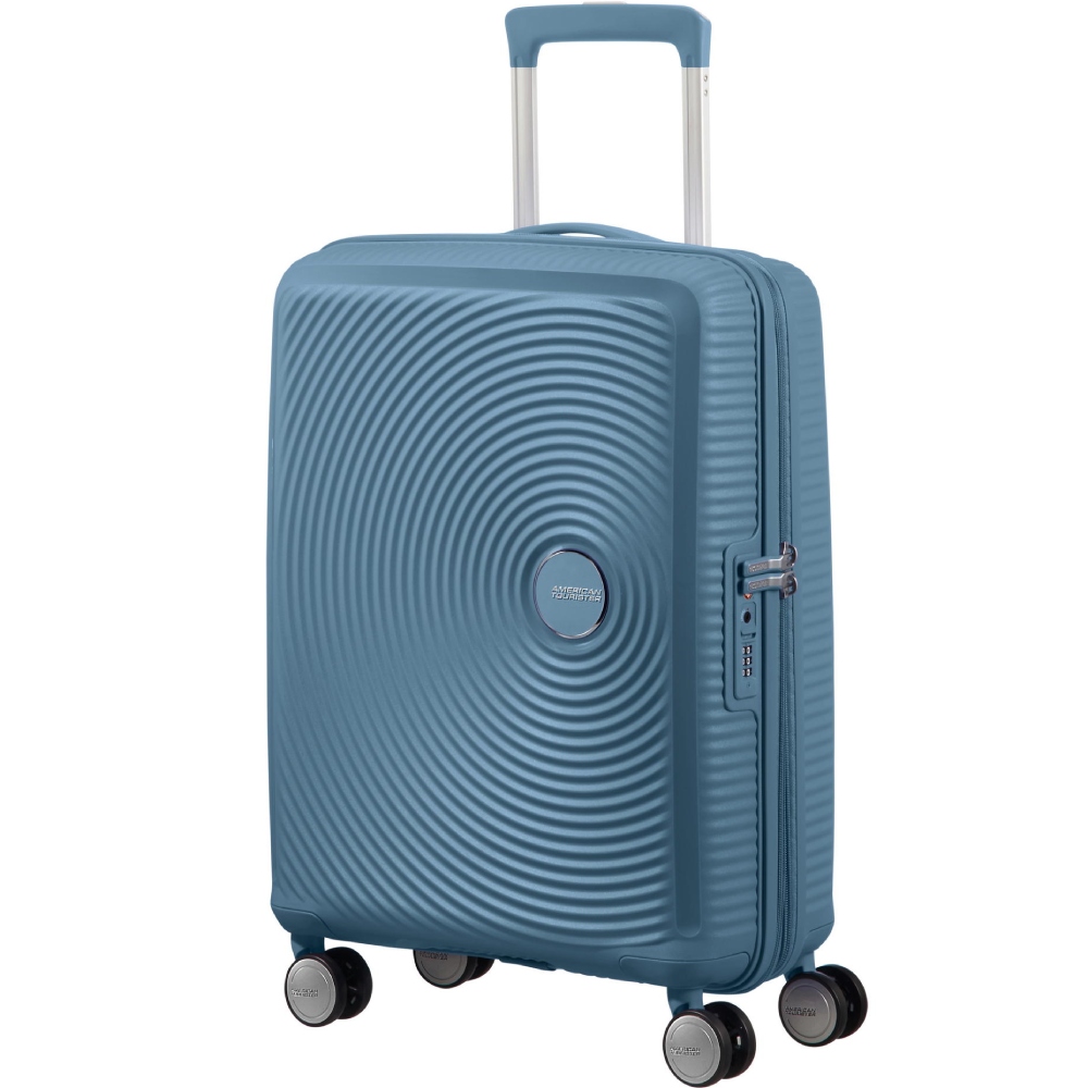 Чемодан дорожный AMERICAN TOURISTER Soundbox S Gray/Blue (32G*51001) Дополнительно Расширение до 41 л глубиной 23 см; Двойные поворотные колеса 360°