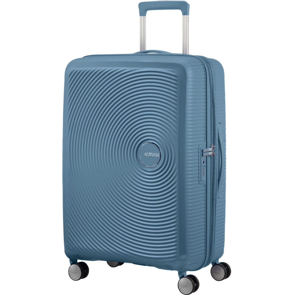 Чемодан дорожный AMERICAN TOURISTER Soundbox M Gray/Blue (32G*51002) Дополнительно Расширение до 81 л глубиной 32 см; Двойные поворотные колеса 360°