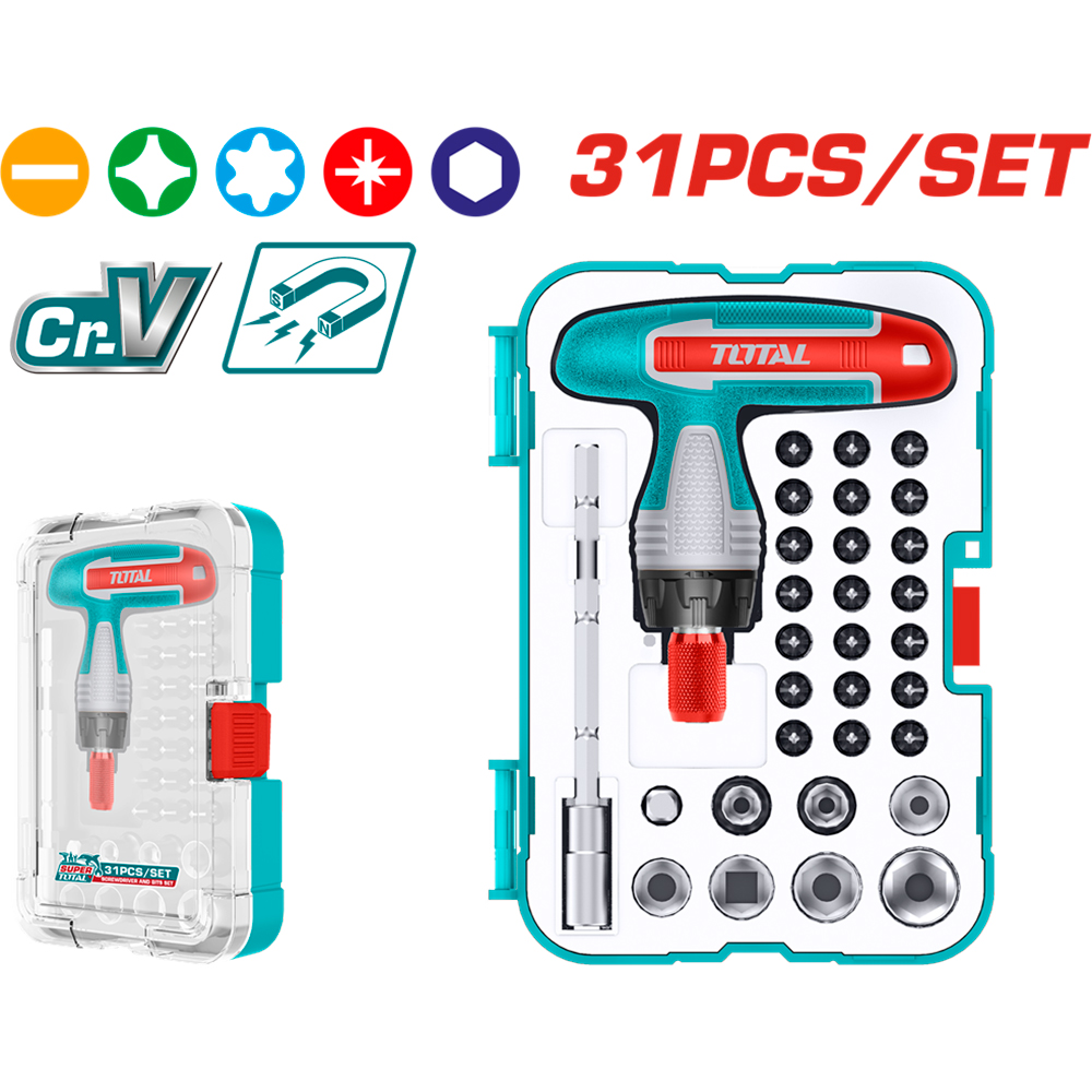 Набір викруток TOTAL TACSD30316 Додатково Т-подібна рукоятка з тріскачкою - 1шт. Тримач біт 5x100 мм із магнітним тримачем –1 шт. Адаптер для торцевих головок 4-6 мм (25 мм) – 1 шт. Торцеві головки 1/4 "(5, 6,7, 8, 9, 10,11) - 7 шт. Біти 6,35x25 мм - 21шт.