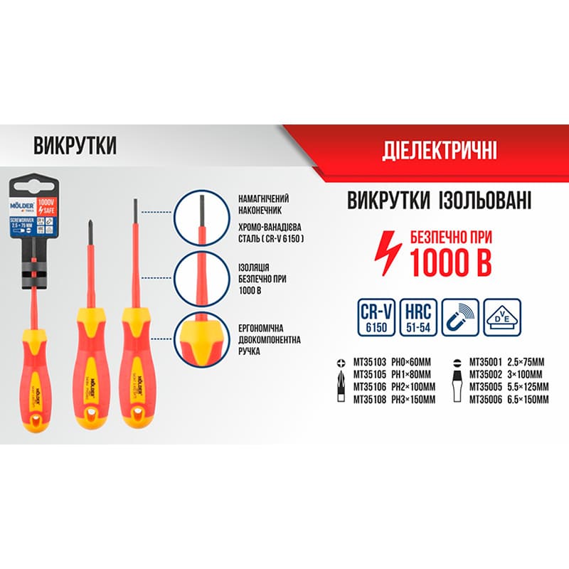 Викрутка MOLDER VDE 1000 В (MT35108) Тип накінечника/битки хрестоподібний (Phillips/PH)