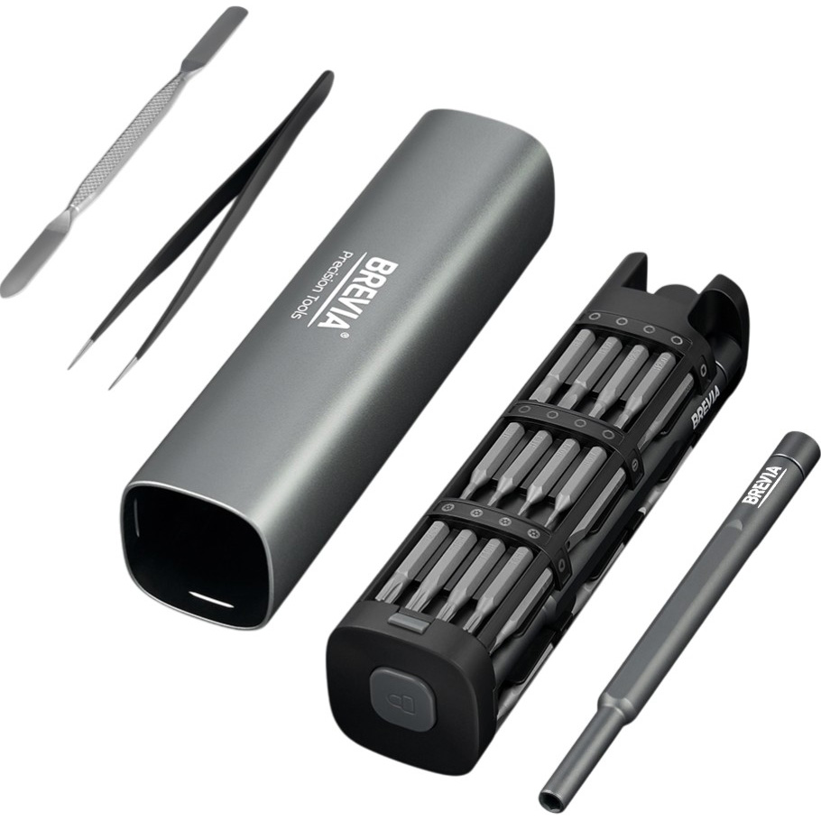 Викрутка з набором біт BREVIA 46 в 1 (55046MMC) Додатково комплектація: викрутка алюмінієва 10x127 мм, насадки S2 steel 60 HRC H4x28 мм: 42 шт, шпатель металевий 115 мм; Розмір кейсу: 150x39x39 мм.