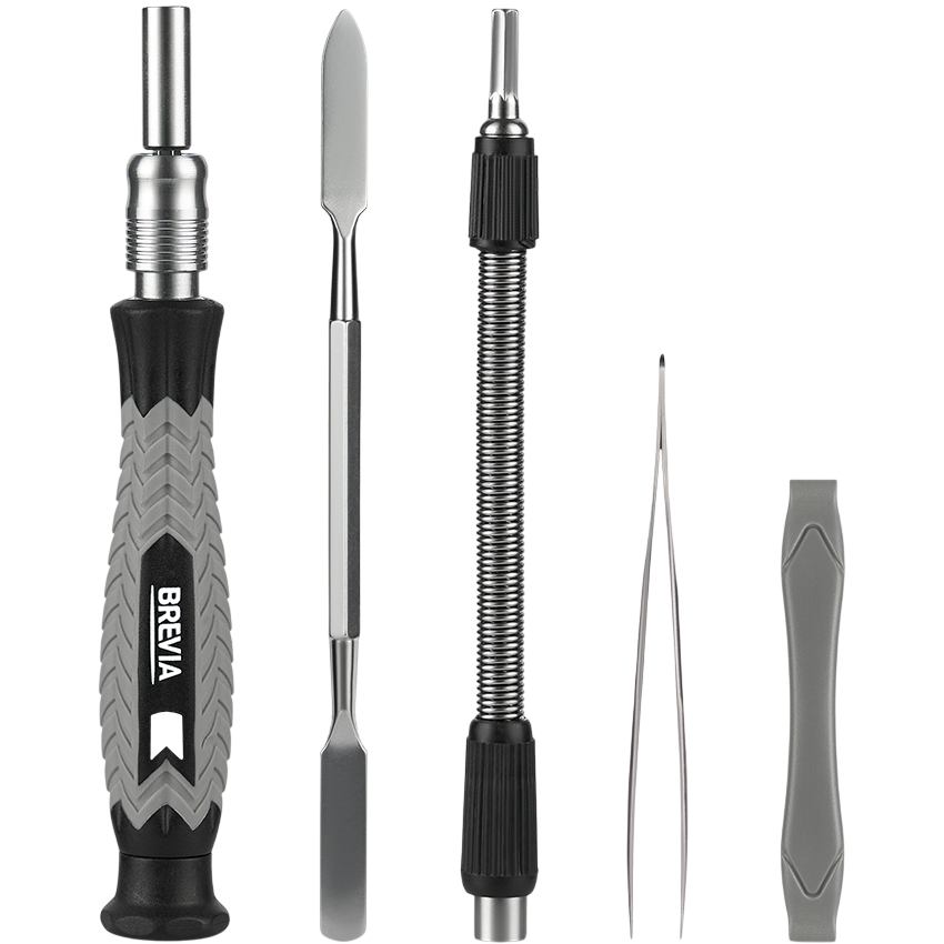 Отвертка с набором бит BREVIA 55126MRC Дополнительно гибкий удлинитель, магнитный стержень, пинцет, присоска, медиаторы (pry bar), кейс.