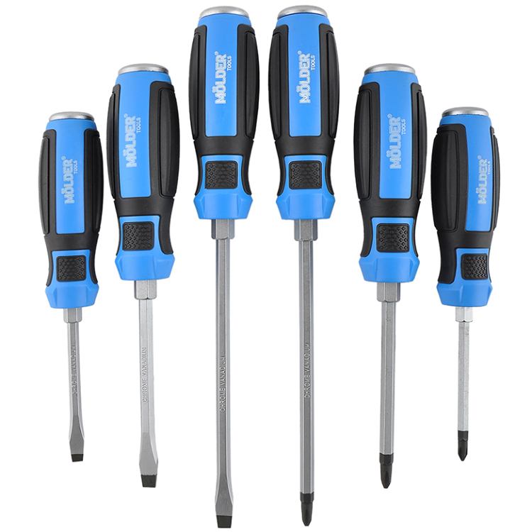 Набор отверток Molder 6 шт MT33206 Дополнительно состав: SL6x150, SL6x100, SL5x75, PH2x150, PH2x100, PH1x75; сталь Cr-V 6150; ударная конструкция (Go-Thru); шестигранная опора под ключ; магнитные наконечники; эргономичные рукоятки