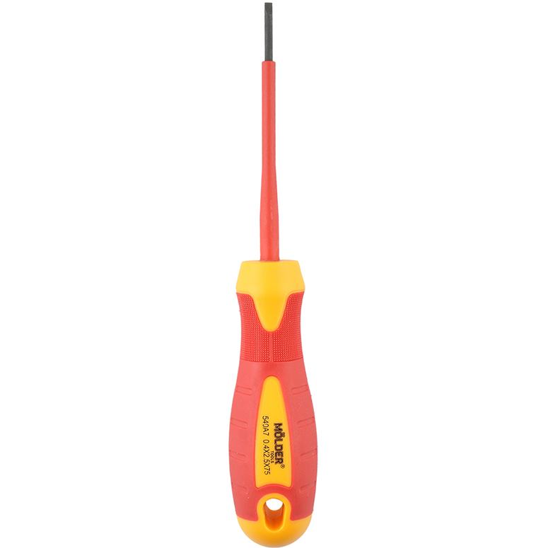 Отвертка Molder VDE 1000В SL2.5x75 мм MT35001 Дополнительно материал: сталь Cr-V; диэлектрическое покрытие VDE (до 1000В); изолированный стержень; магнитный наконечник; эргономичная двухкомпонентная рукоятка