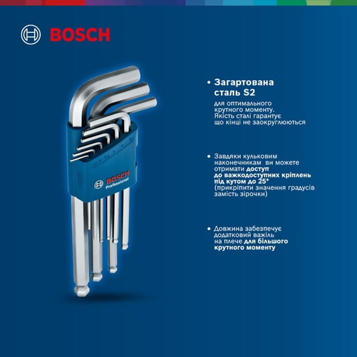 Набор ключей шестигранных Bosch 9шт (1.600.A01.TH5) Форма Г-образная 