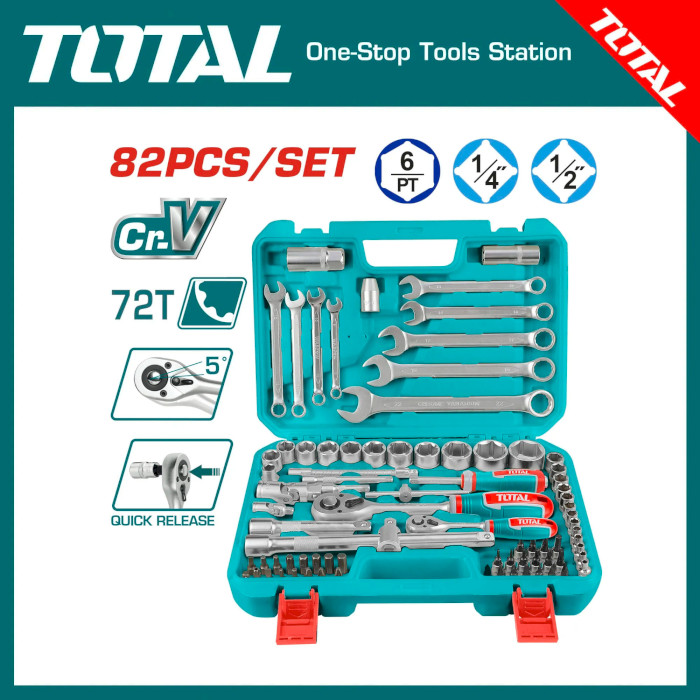 Набор ключей TOTAL THT421802 головок 1/2" 1/4" 82 предмета в кейсе (THT421802) Дополнительно Универсальный набор; Хром-ванадиевая сталь; Для авто; Присоединительный размер – 1/2", 1/4"