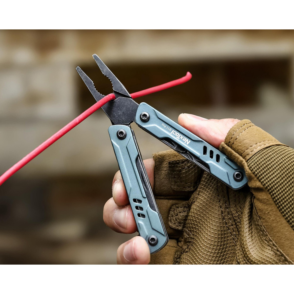 Мультитул NEXTOOL Mini Sailor S11 Pro Grey (NE20382A) Інструменти в комплекті плоскогубці з тонкими губками, звичайні плоскогубці, міні-кусачки, ножиці, ніж з прямим заточуванням, алмазний напилок, хрестова викрутка Phillips, шліцева викрутка, відкривачка для пляшок, голка для вилучення SIM-картки