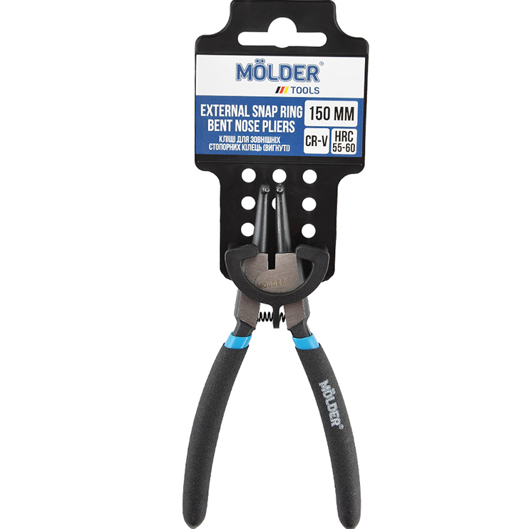 Щипцы для снятия стопорных колец MOLDER наружных 150 мм HRC 55-60 изогнутые (MT46215) Особенности возвратная пружина