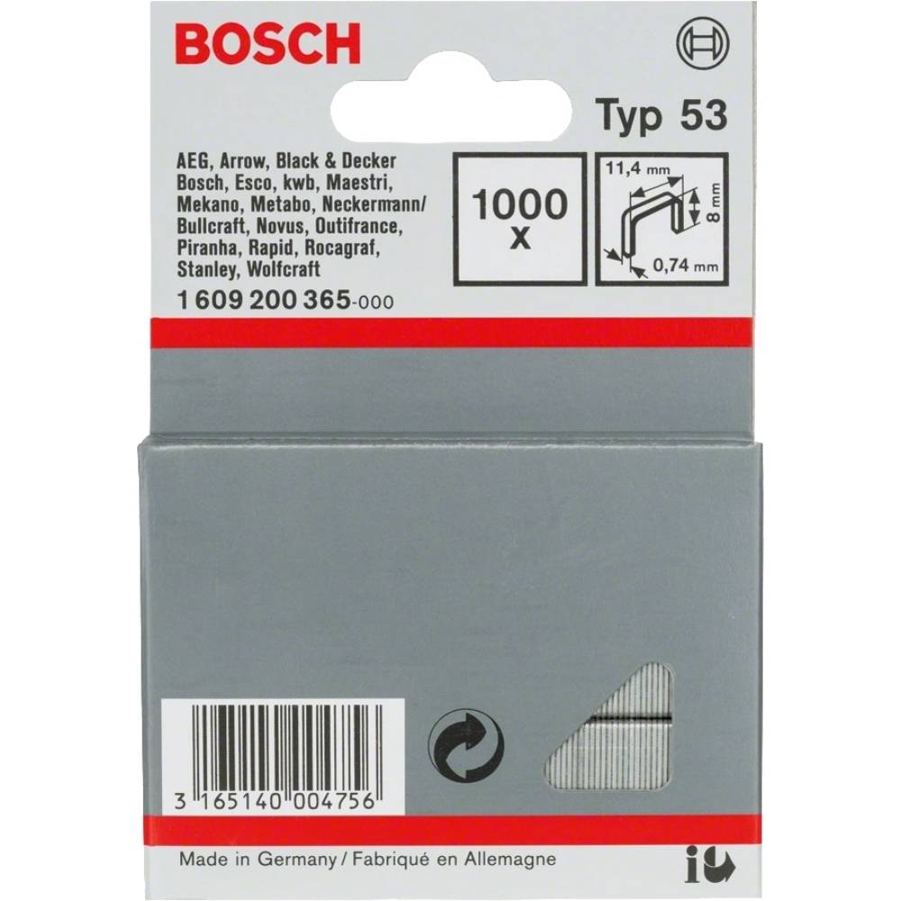 Скобы Bosch 8х11.4х0.74мм 1000шт (1.609.200.365) Тип скобы A(53|3|530)