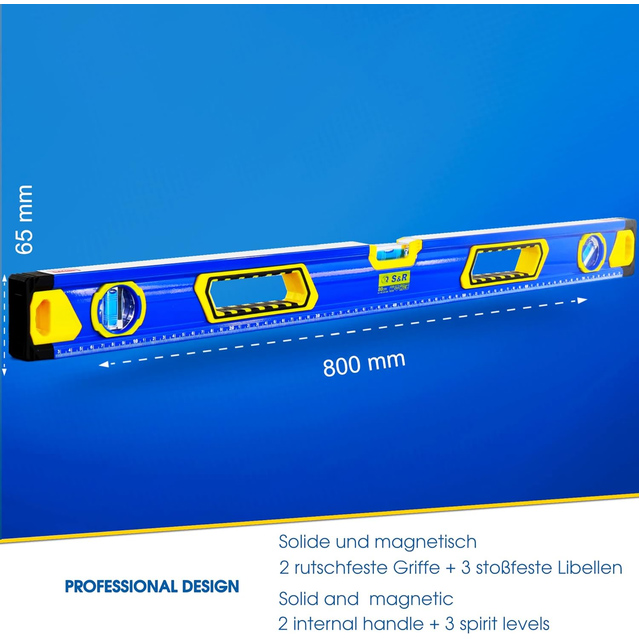 Уровень магнитный S&R 800 мм (423034080) Дополнительно Толщина стенки 1,3 мм, ударопрочный ABS пластик капсул, PVC колпачки для защиты от падений и ударов