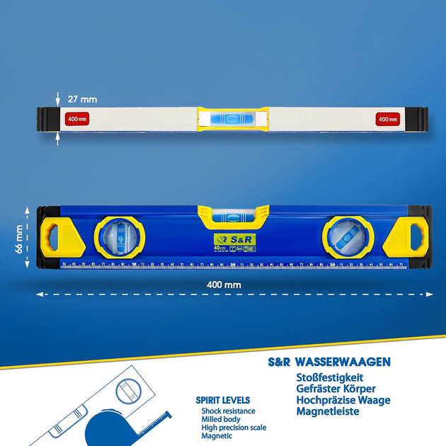 Рівень магнітний S&R 400 мм (423032040) Додатково Товщина стінки 1,3 мм, ударостійкий ABS пластик капсул, PVC ковпачки для захисту від падінь та ударів