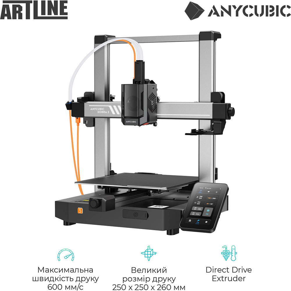 3D-принтер Anycubic Kobra 3 (KB30BK0A-O) Додатково скорость печати: 600 мм/с, максимальная температура сопла 300℃, максимальная температура печатной платформы 100℃, втоматическое выравнивание, датчик наличия филамента