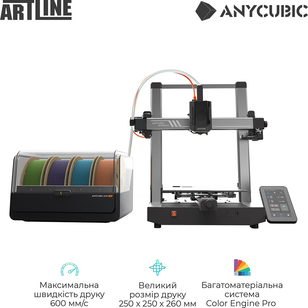 3D-принтер Anycubic Kobra 3 combo EU (K3CBBK0A-O) Додатково скорость печати: 600 мм/с, максимальная температура сопла 300℃, максимальная температура печатной платформы 100℃, втоматическое выравнивание, датчик наличия филамента