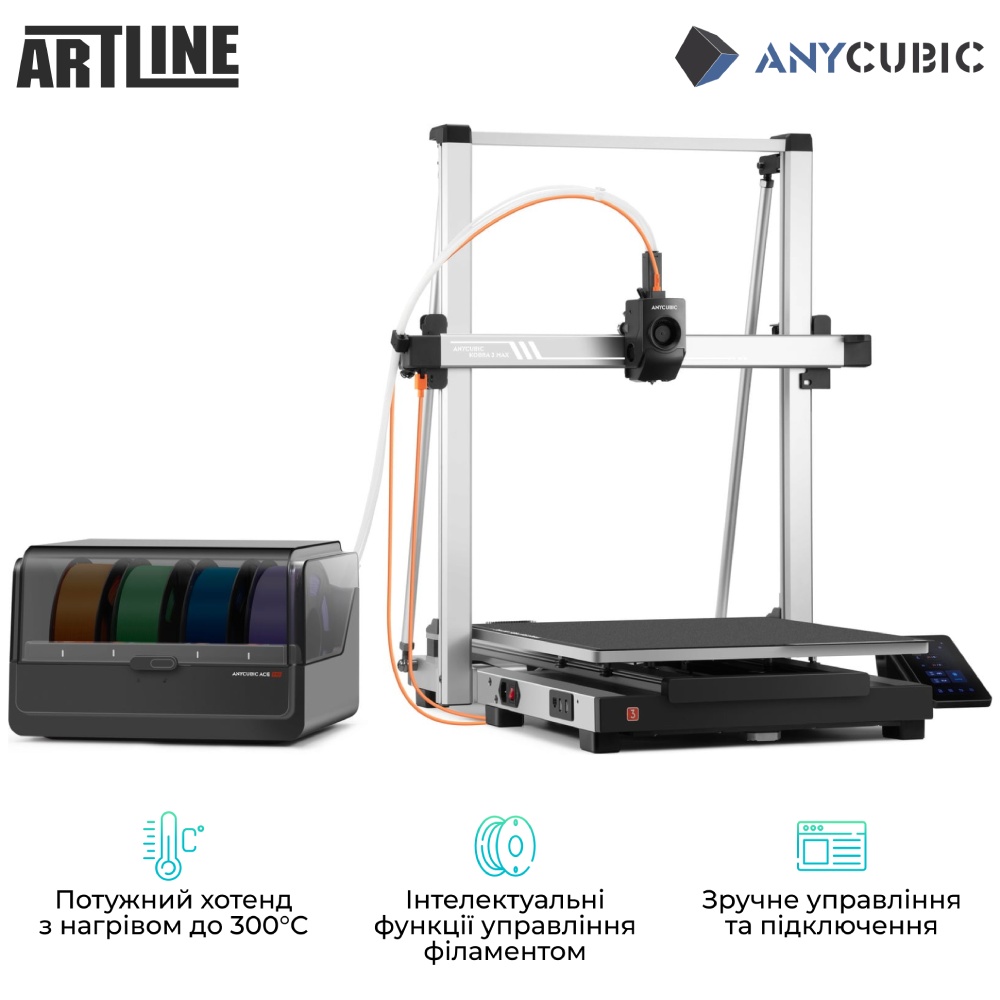3D-принтер ANYCUBIC Kobra 3 Max Combo (KB3MBKOA-O/DSHZBK0D-0) Дополнительно LCD дисплей	4.3"; Скорость печати: 600 мм/с; Датчик наличия филамента; Возобновление печати