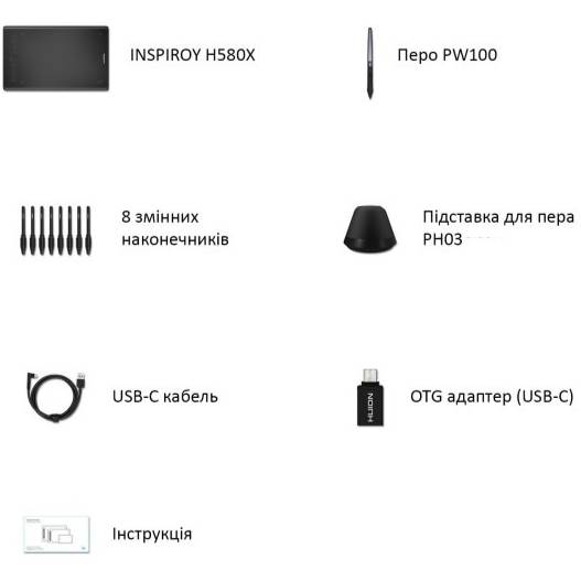 Зовнішній вигляд Графічний планшет HUION H580X Black (H580X)