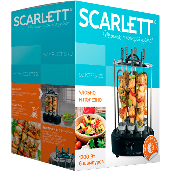 Электрошашлычница SCARLETT SC-KG226T99 Особенности таймер, шампуры, защитный металлический кожух, емкости для сбора жира, длина электрошнура: 1.1 м