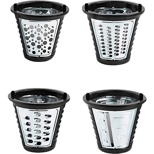 Тертка електрична ADE KA1802 stainless steel Комплектація 4 тертки в комплекті: дрібна, велика, картопляна тертка, нарізка скибочками