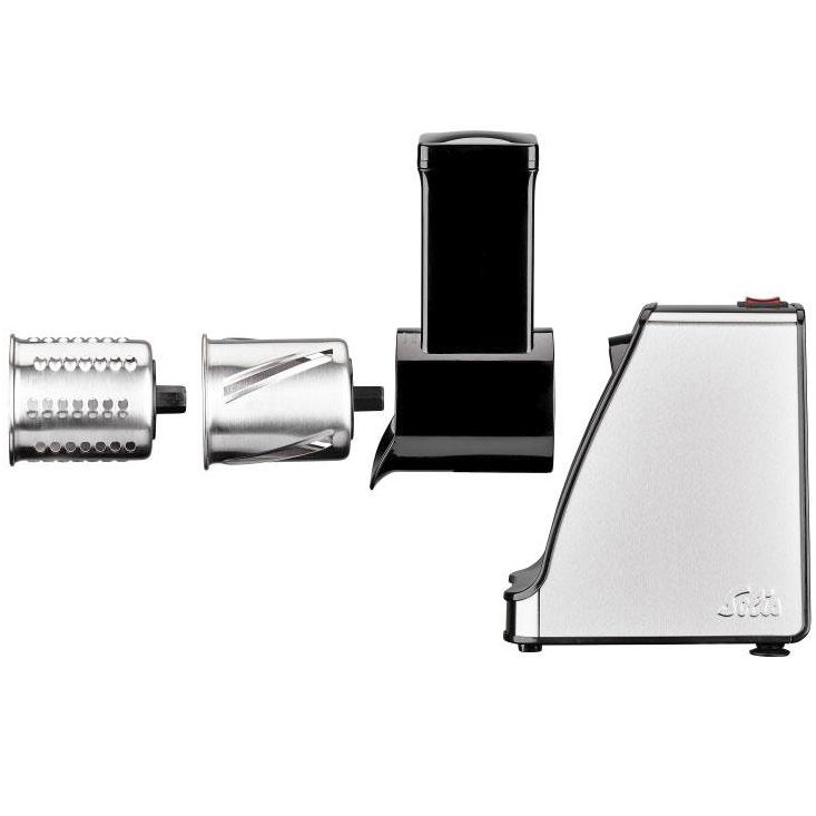 Электротерка SOLIS Slice & More 92106 Особенности материал: нержавеющая сталь и пластик; 2 скорости; 5 сменных барабанов (диаметр 7.5 см); вакуумная присоска и ножки для фиксации; съемный загрузочный бункер; отсек для хранения кабеля; насадки можно мыть в посудомоечной машине