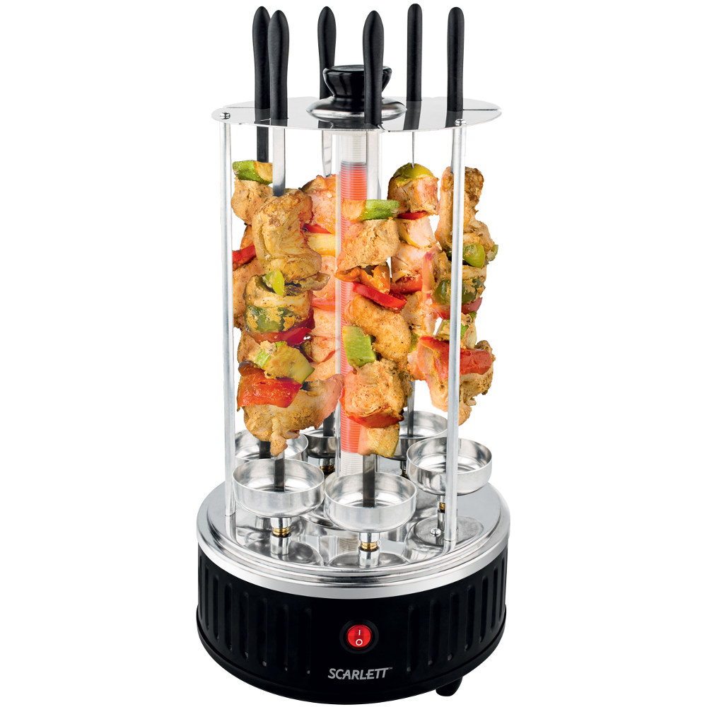 Электрошашлычница SCARLETT SC-KG22601 Комплектация 6 съемных шампуров, защитный кожух, 6 съемных ограничителей – насадок для фиксации шашлыка и кебаба, 6 съемных чашек для сбора сока