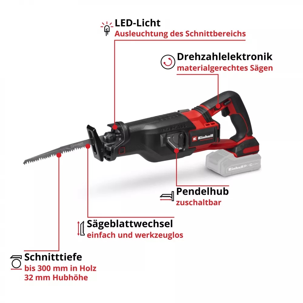 Сабельная пила EINHELL Professional TP-AP 18/32 Li BL - Solo 18В (4326295) без АКБ и ЗУ Величина хода, мм 32